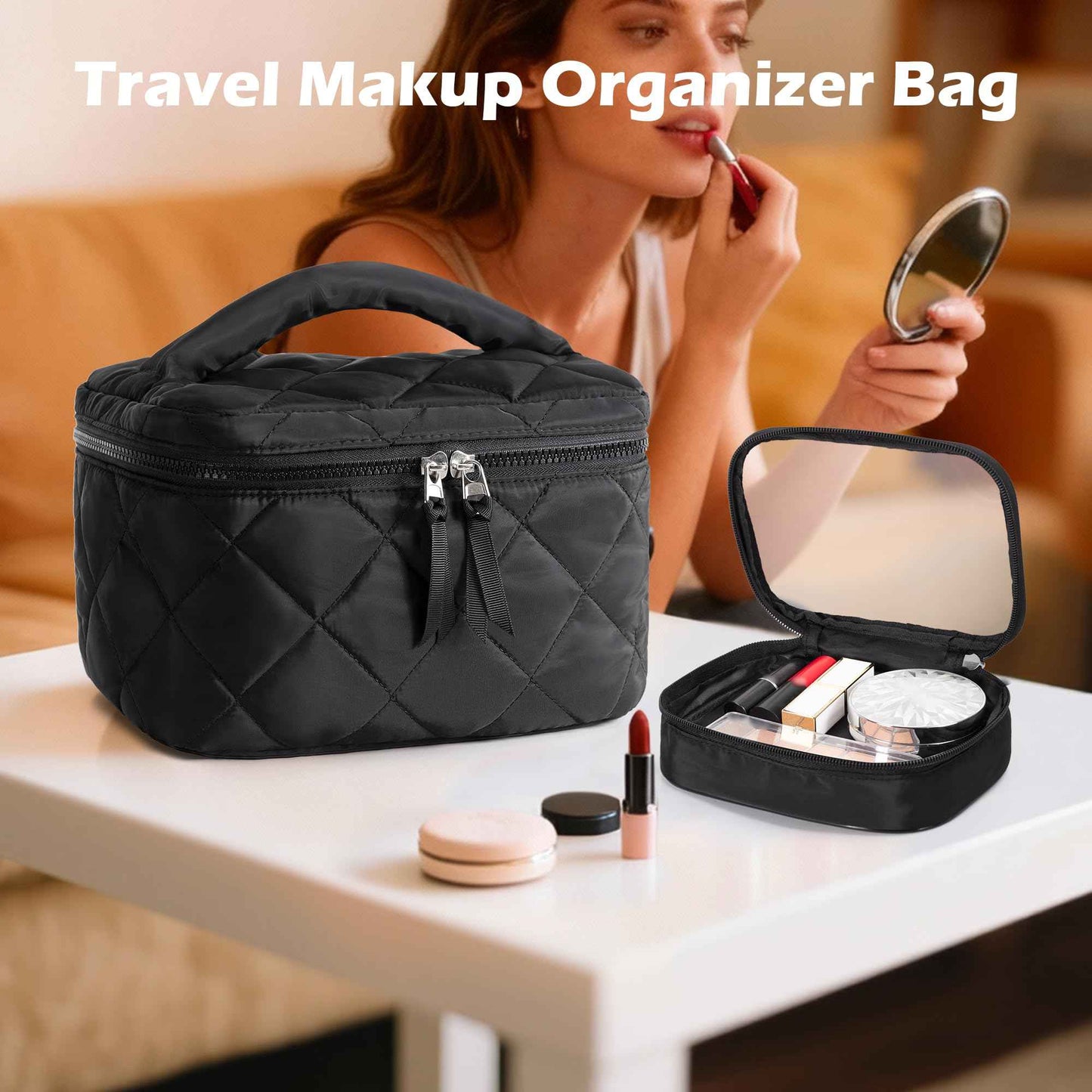 Trahzia Travel Makeup Bag with 4 Clear Cases, Large Quilted Cosmetic Organizer for Women, Puffy Storage Bag for Cosmetics, Photos or Pill Bottles, Black (Empty Bag)
