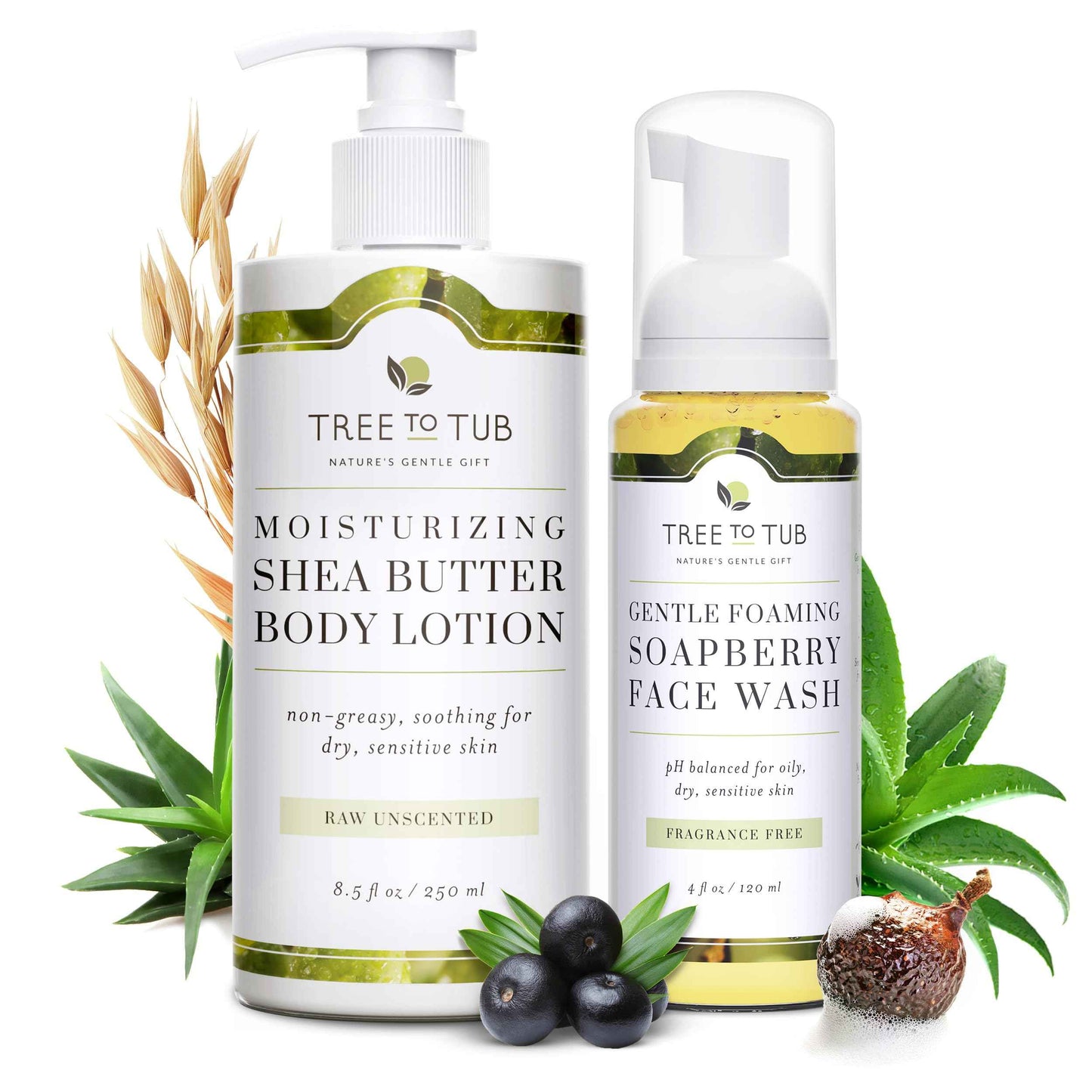 Tree to Tub Unscented Shea Butter Body Lotion for Dry Skin & Sensitive Skin Face Wash for Dry Skin - Fragrance Free Sensitive Skin Lotion & Gentle Hydrating Face Cleanser for Women & Men