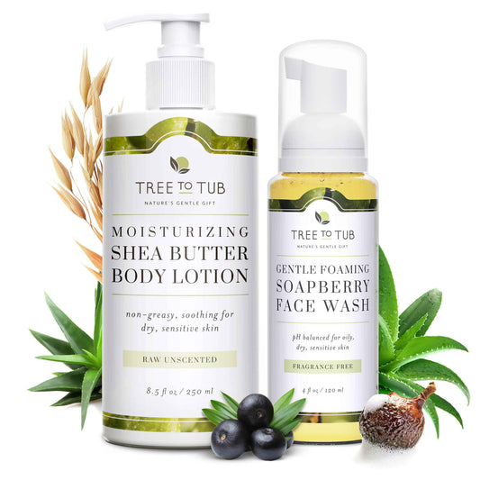 Tree to Tub Unscented Shea Butter Body Lotion for Dry Skin & Sensitive Skin Face Wash for Dry Skin - Fragrance Free Sensitive Skin Lotion & Gentle Hydrating Face Cleanser for Women & Men
