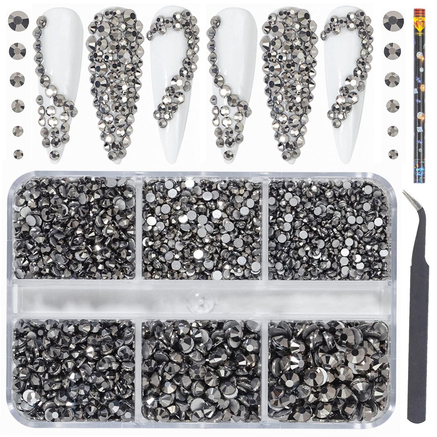 6Grids 3000Pcs Clear Flatback Rhinestones, Transparent Grey Nail Gems Crystals Jewels, Craft Glass Diamonds Bling Rhinestone with Tweezers and Picking Pen for Nail Face Makeup(1.8mm~4mm Crystal)