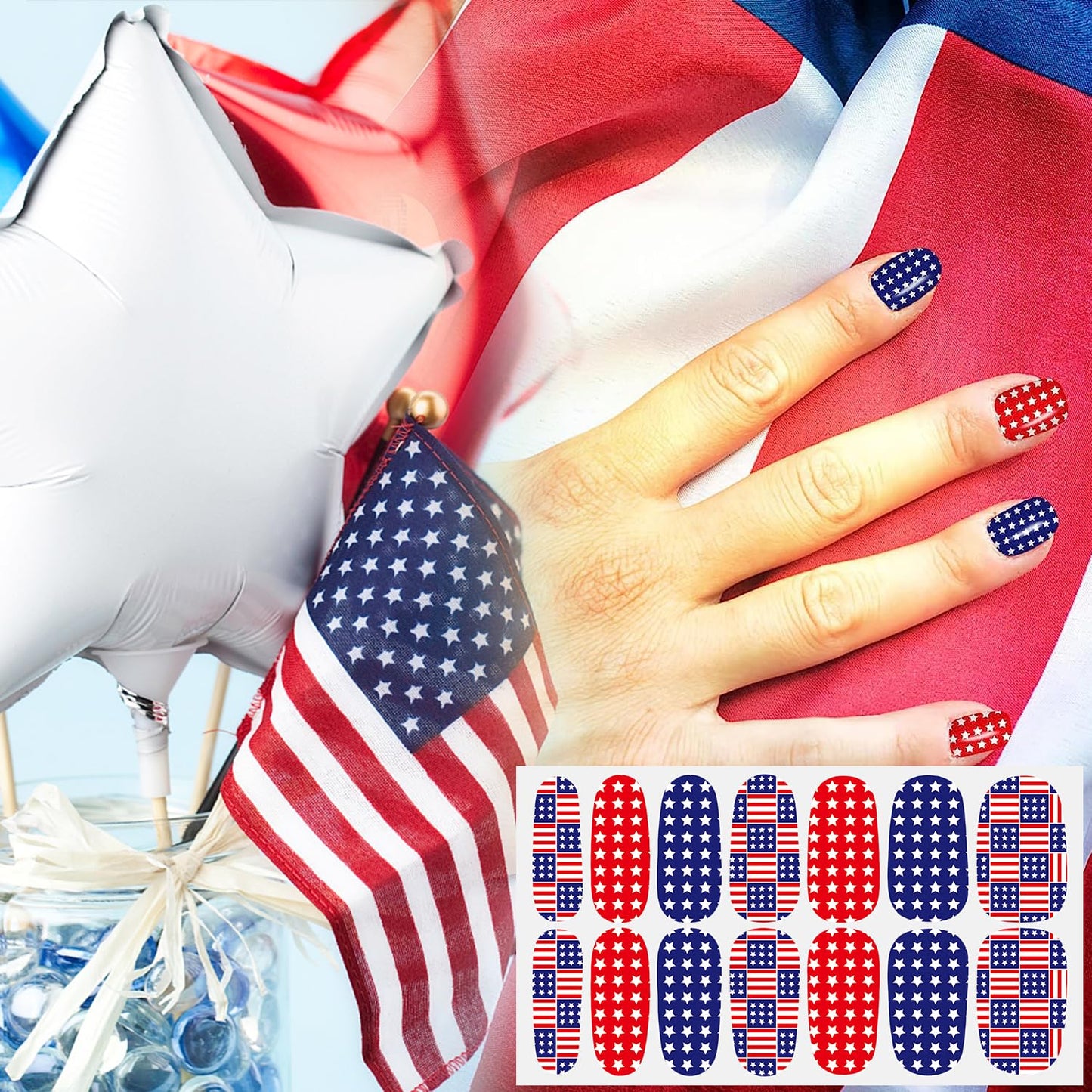 DANNEASY 8 Sheets 4th of July Independence Day Nail Polish Stickers Full Nail Wraps for Women Self Adhesive Nail Polish Strips Fingernail Sticker Stick on Nails with Nail File, Cuticle Stick