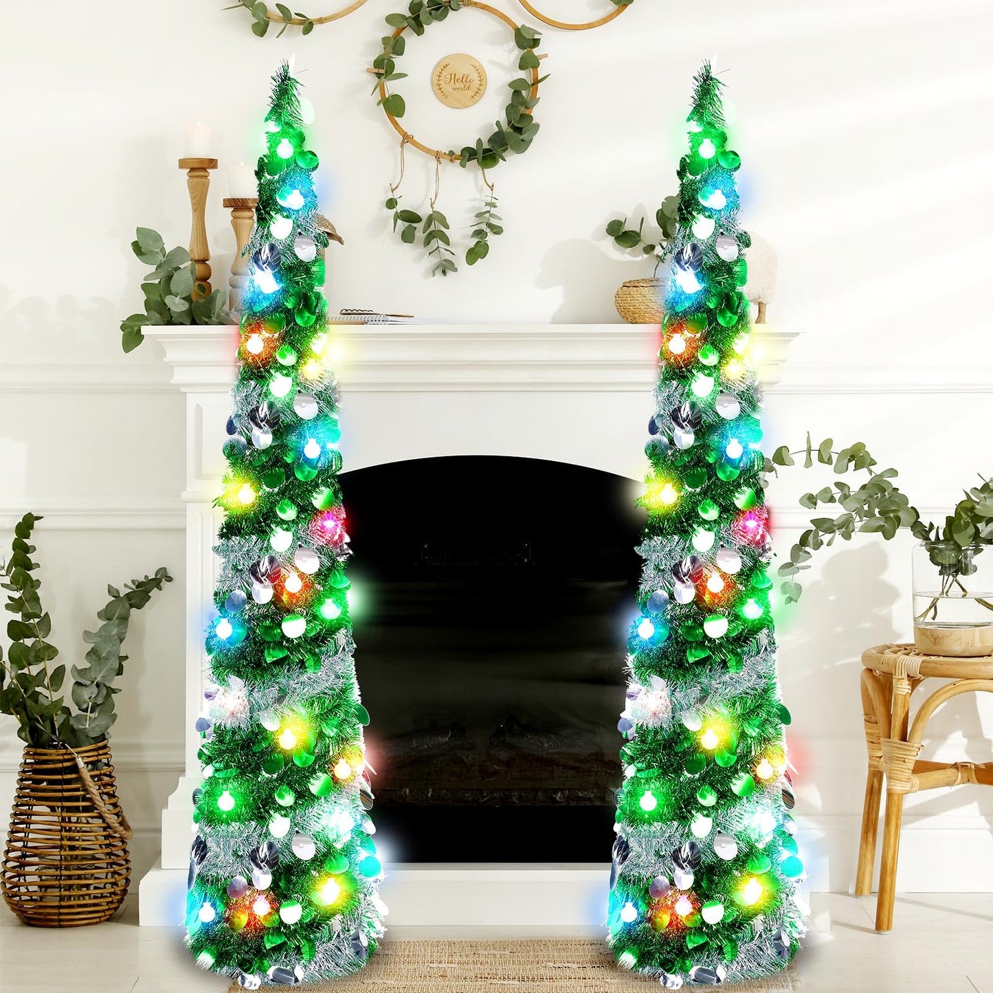 Sosation 2 Pcs 5 ft Pop up Christmas Tree Light Green Tinsel Skinny Pencil Tree with String LED Artificial Sequin Slim Collapsible Coastal Tree for Holiday Xmas Fireplace Indoor Outdoor Decorations