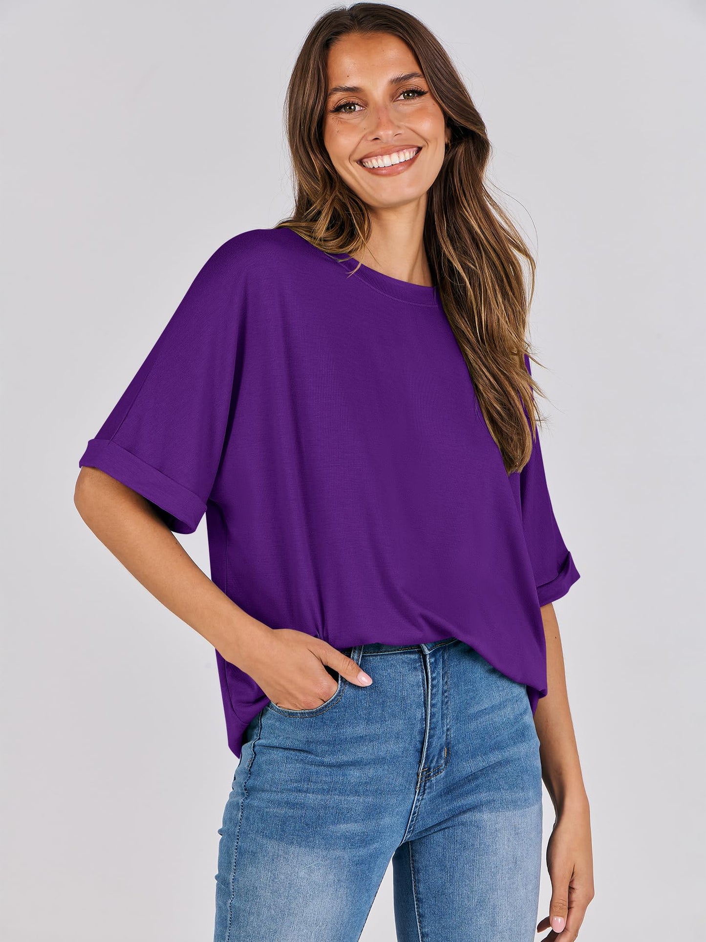 ANRABESS Women's Oversized T Shirts Short Sleeve Crewneck Summer Tops Casual Loose Basic Tee Shirts 2024 Trendy Clothes Dark Purple Small