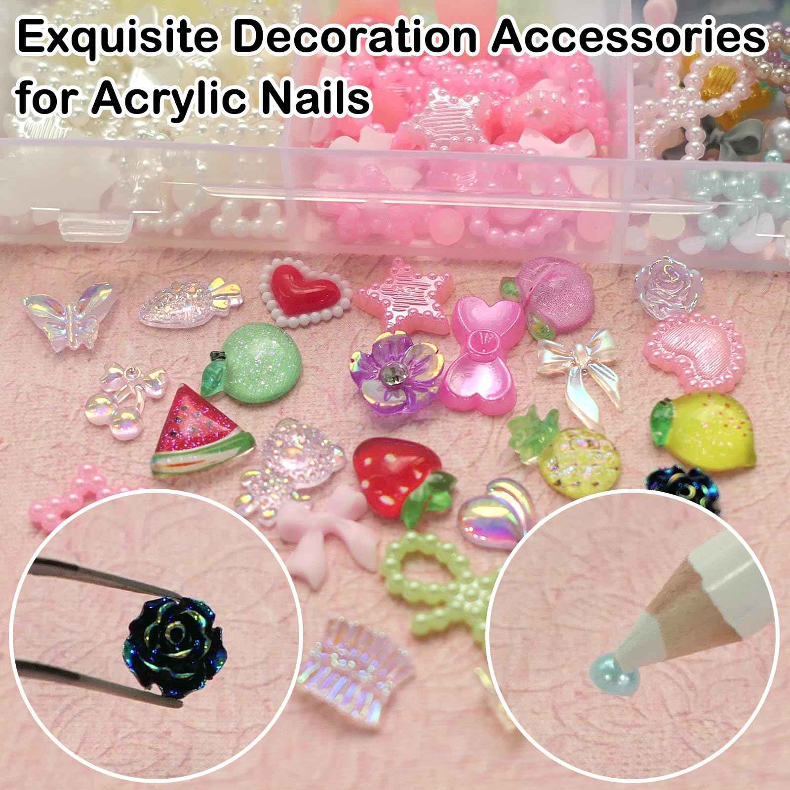 AddFavor Nail Charms Kit 3D Assorted Bow Nail Charms and Gem Pearls Bows Flower Nail Charms Heart Butterfly Fruit Acrylic Nail Charms for Nails Manicure DIY Design Crafts Accessories
