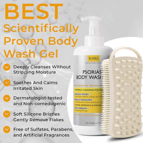 Body Wash | Psoriasis Treatment For Skin | Psoriasis Body Gel | Foaming Cleanser For Dry, Itchy, Red, Flaky, Scaly Skin w/Scrubber