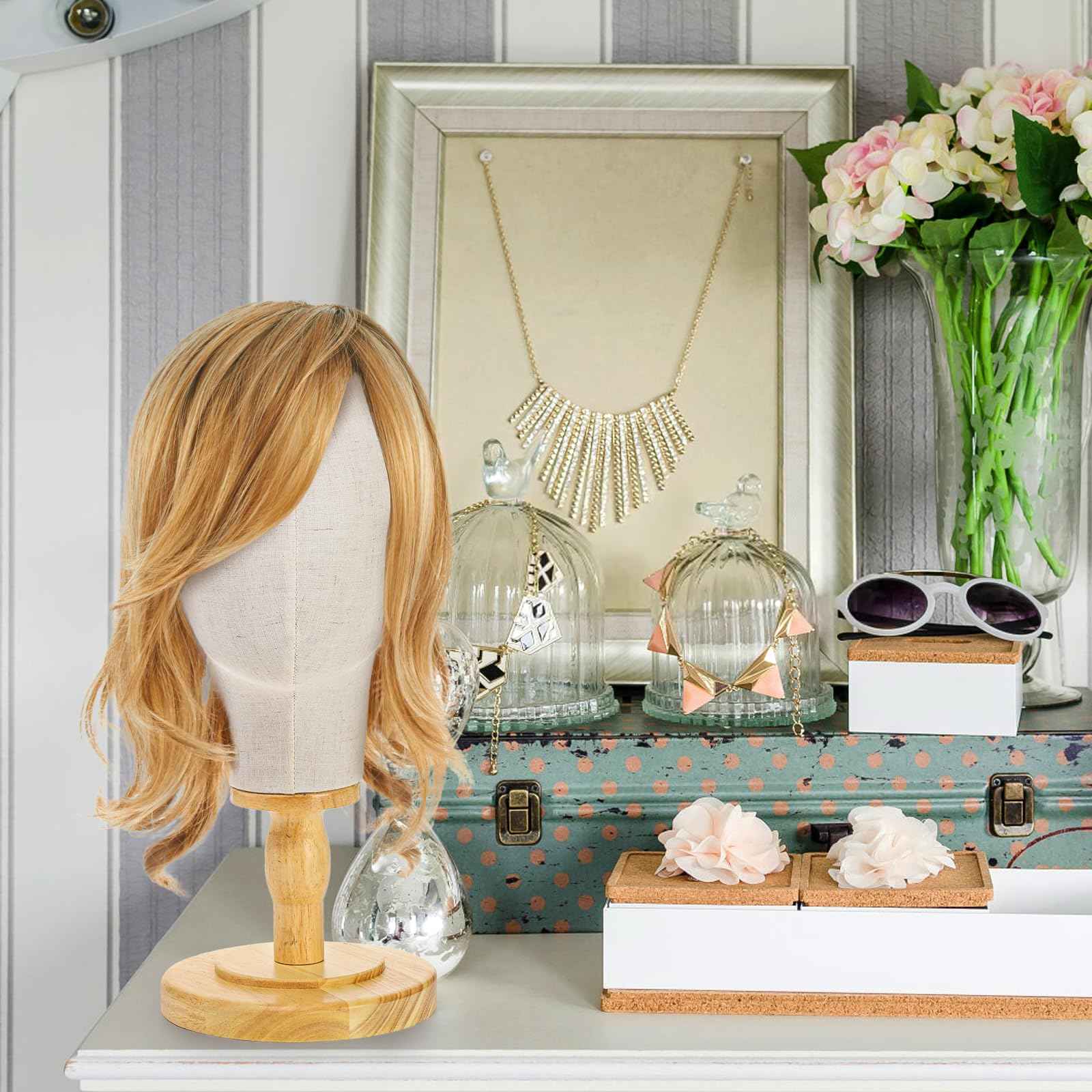 Peohud 21 Inch Mannequin Head, Canvas Wig Head Stand with Detachable Wood Stand, Linen Hat Display Model Head for Caps, Headdress, Wig Making