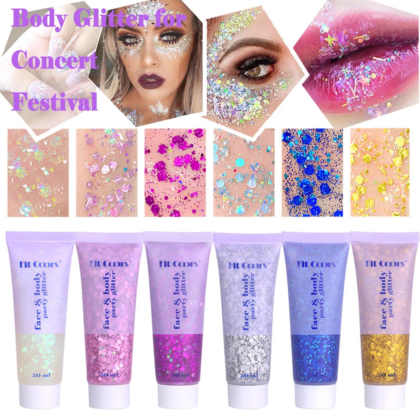 Body Glitter Face Glitter Gel: Singer Concerts Disco Festival Rave Accessories Face Glitter Makeup 150ml Chunky Sequins Mermaid Face Body Hair Glitter Gel (White&Silver&Lake Blue)