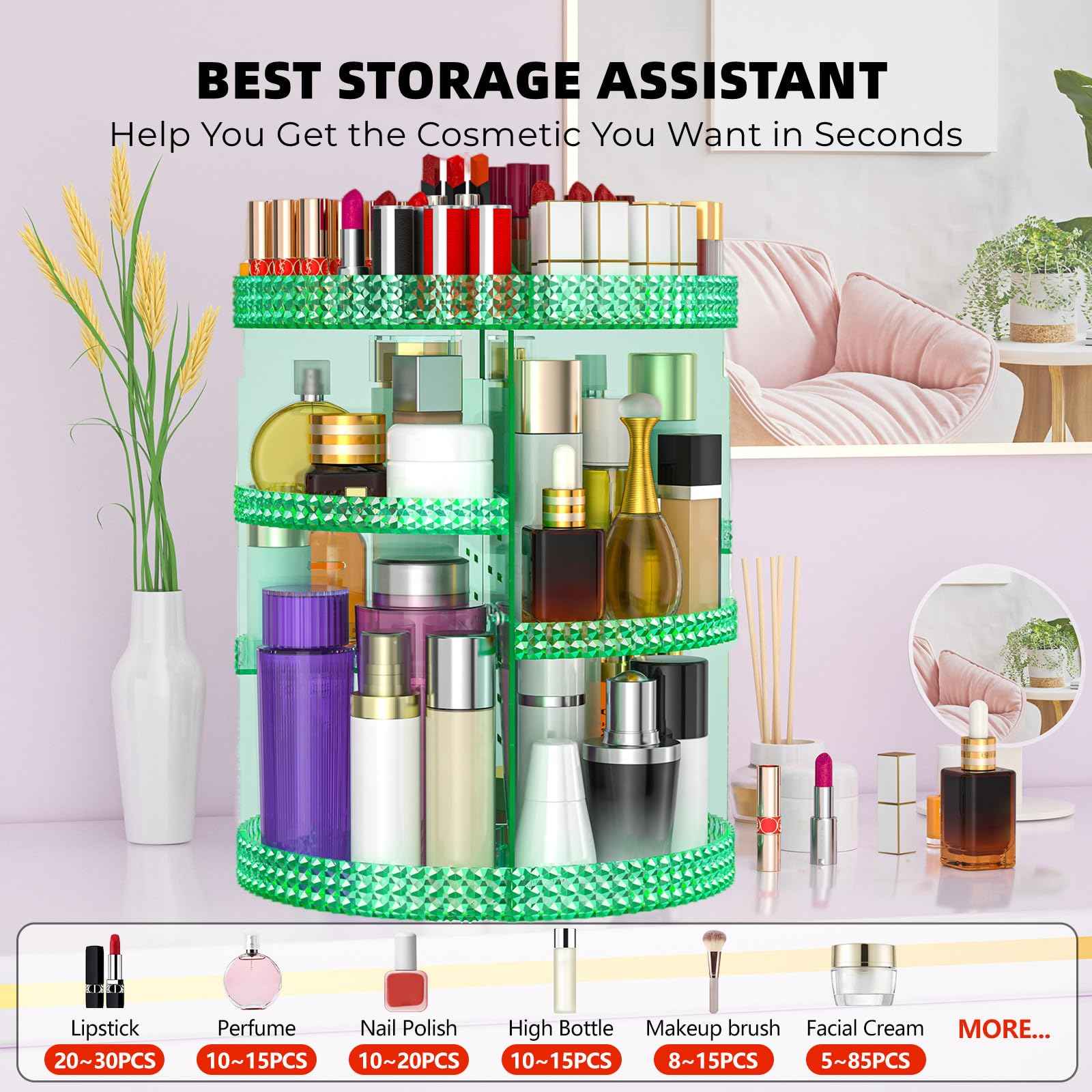 HEMTROY 360 Degree Rotating Makeup Organizer, Extra Large Capacity Organizador De Maquillaje, Removable DIY 7 Layers Cosmetics Organizer, Acrylic Perfume Organizer for Vanity Countertop (Green)
