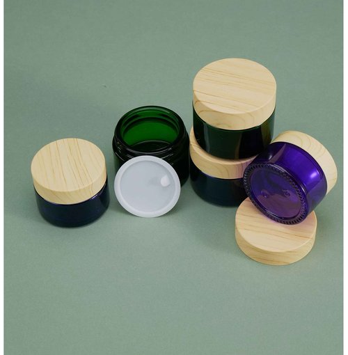 4Pack 30g 1 oz Glass Cream Jars, Green Empty Sample Jars Cosmetic Containers Pot with Wood Grain Lids for Lotion, Lip Balm, Eye Cream, Scrubs, Oils, Salves, Ointments