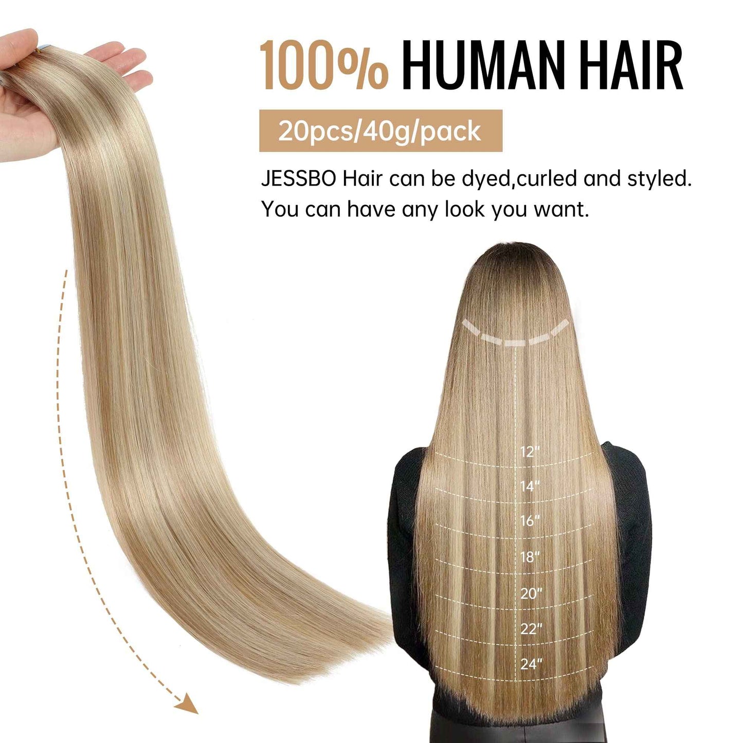 JESSBO Tape in Hair Extensions Human Hair Ash Blonde Highlighted Bleach Blonde 16 inch 20pcs 40g/pack Straight Seamless Skin Weft 100% Real Human Hair