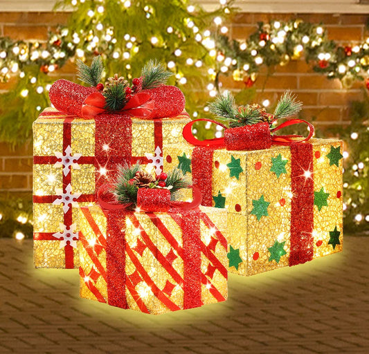 LAMPHOME 91 LED Christmas Set of 3 Lighted Gift Boxes Decorations,Warm White Lights with Flasher,Pathway Decorative Boxes, Christmas Tree Skirt Ornament for Garden,Holiday,Party,Christmas