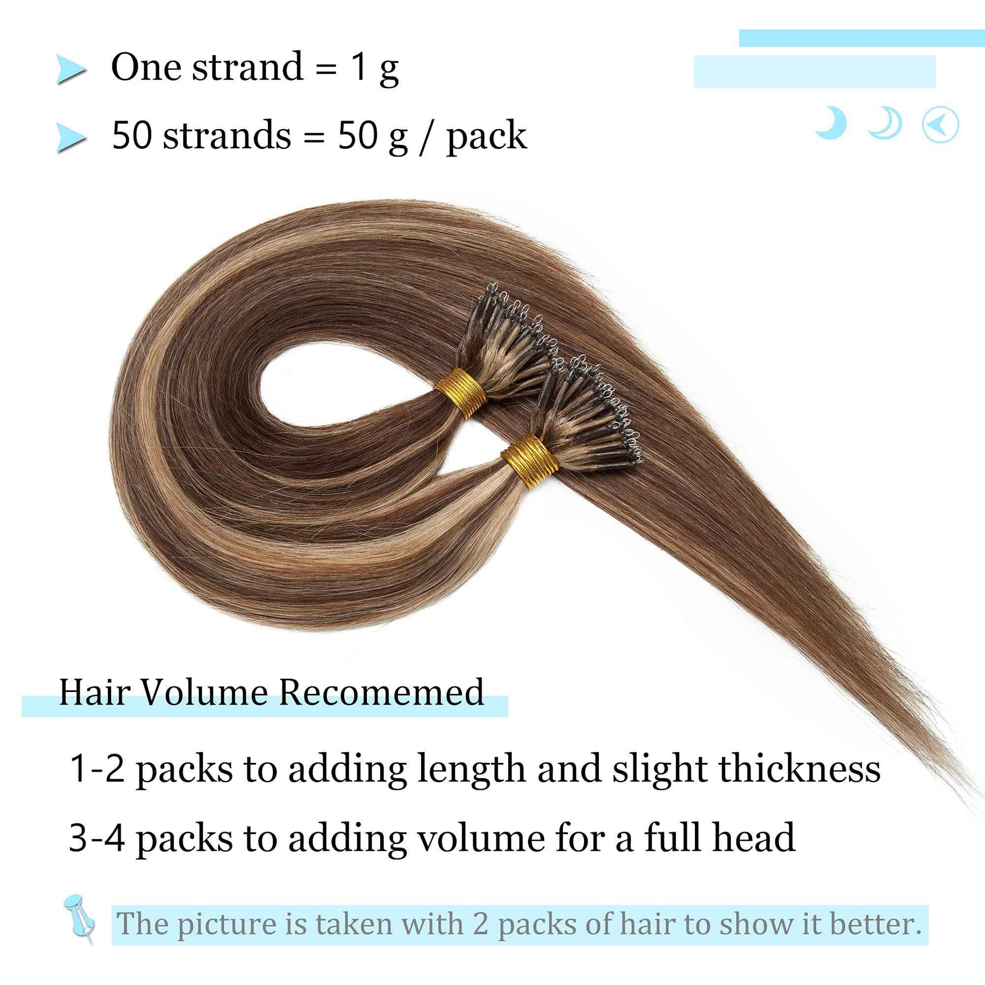 SEGO Nano Tip Hair Extensions Human Hair Balayage Nano Ring Beads Pre-bonded Seamless Highlight Extensions for Women 1g/strand 50g/pack -16 Inch /4P27 Medium Brown&Dark Blonde