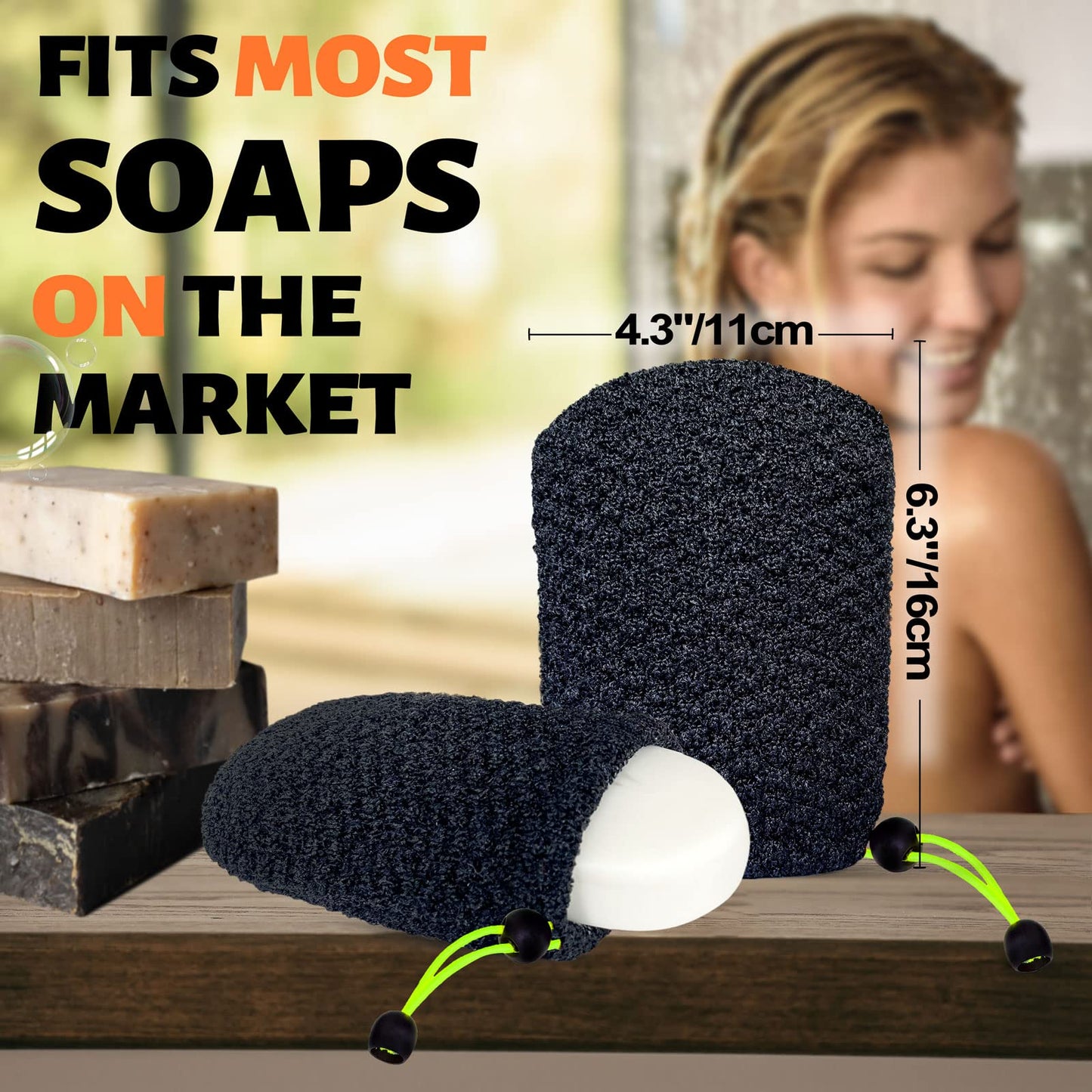 MIG4U Exfoliating Soap Bag for Shower 2 Pieces - Bar Soap Saver Pouch, Bamboo Body Scrubber Exfoliator Pocket in Travel Bathing, Black