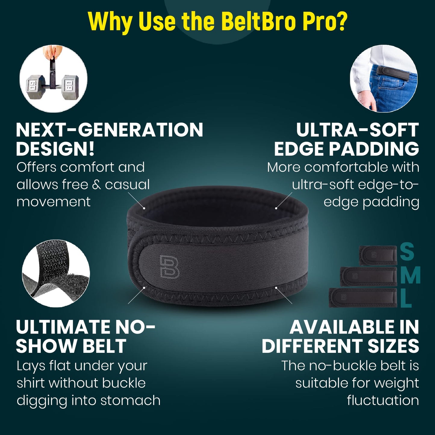 BeltBro Pro Pairs For Men – Next Generation Buckle-Free Elastic Belt With Ultra-Soft Edge Padding - Fits 1.5 Inch Belt Loops (Black)