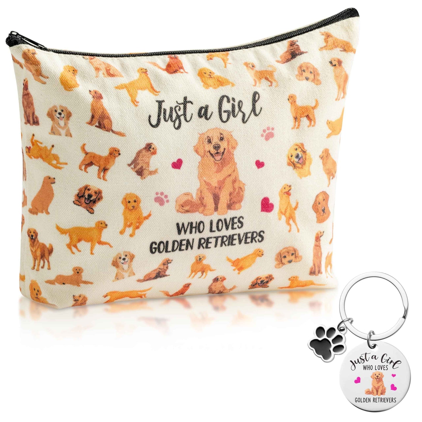 JAPBOR Makeup Bag for Dog Lovers - Golden Retriever Dog Themed Cosmetic Bags and Keychain Gifts Set, Cute Puppy Organizer Makeup Pouch, Animal Travel Zipper Toiletry for Owner Women Girl Traveling