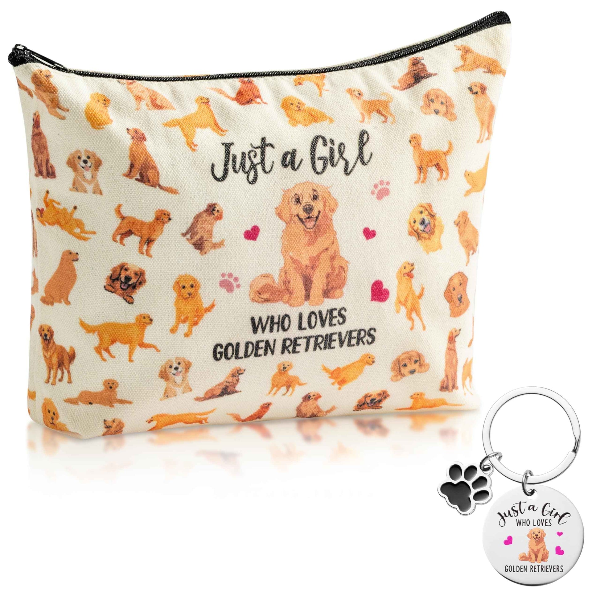 JAPBOR Makeup Bag for Dog Lovers - Golden Retriever Dog Themed Cosmetic Bags and Keychain Gifts Set, Cute Puppy Organizer Makeup Pouch, Animal Travel Zipper Toiletry for Owner Women Girl Traveling