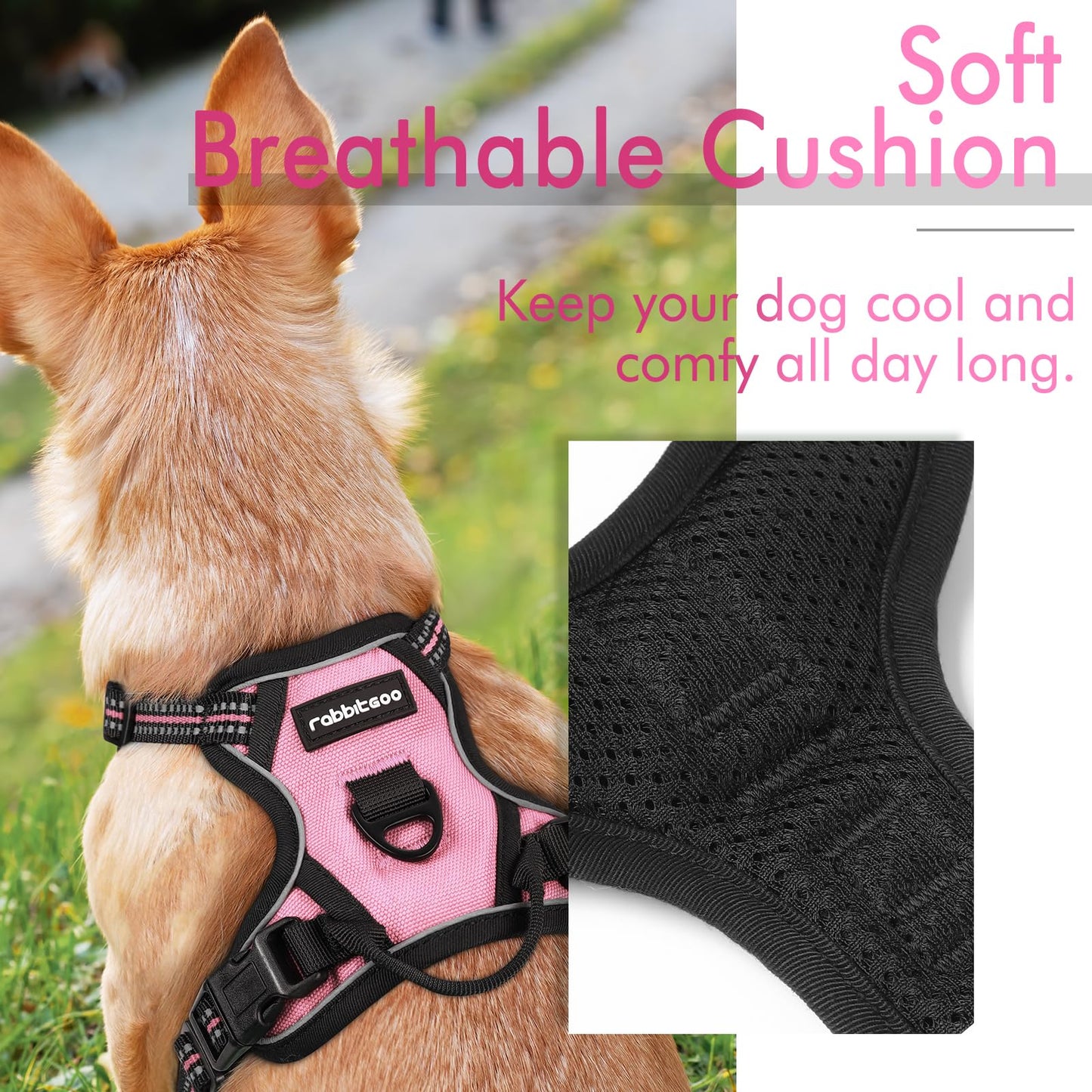 rabbitgoo Dog Harness, No-Pull Pet Harness with 2 Leash Clips, Adjustable Soft Padded Dog Vest, Reflective No-Choke Pet Oxford Vest with Easy Control Handle for Small Dogs, Pink, XS