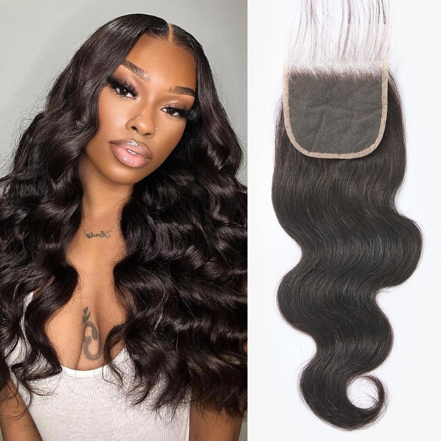 WEQUEEN 4x4 Lace Closure Human Hair Body Wave 16 Inch Brazilian Virgin Hair Transparent Lace Closure Invisible Bleached Knots Pre Plucked with Baby Hair Natural Black