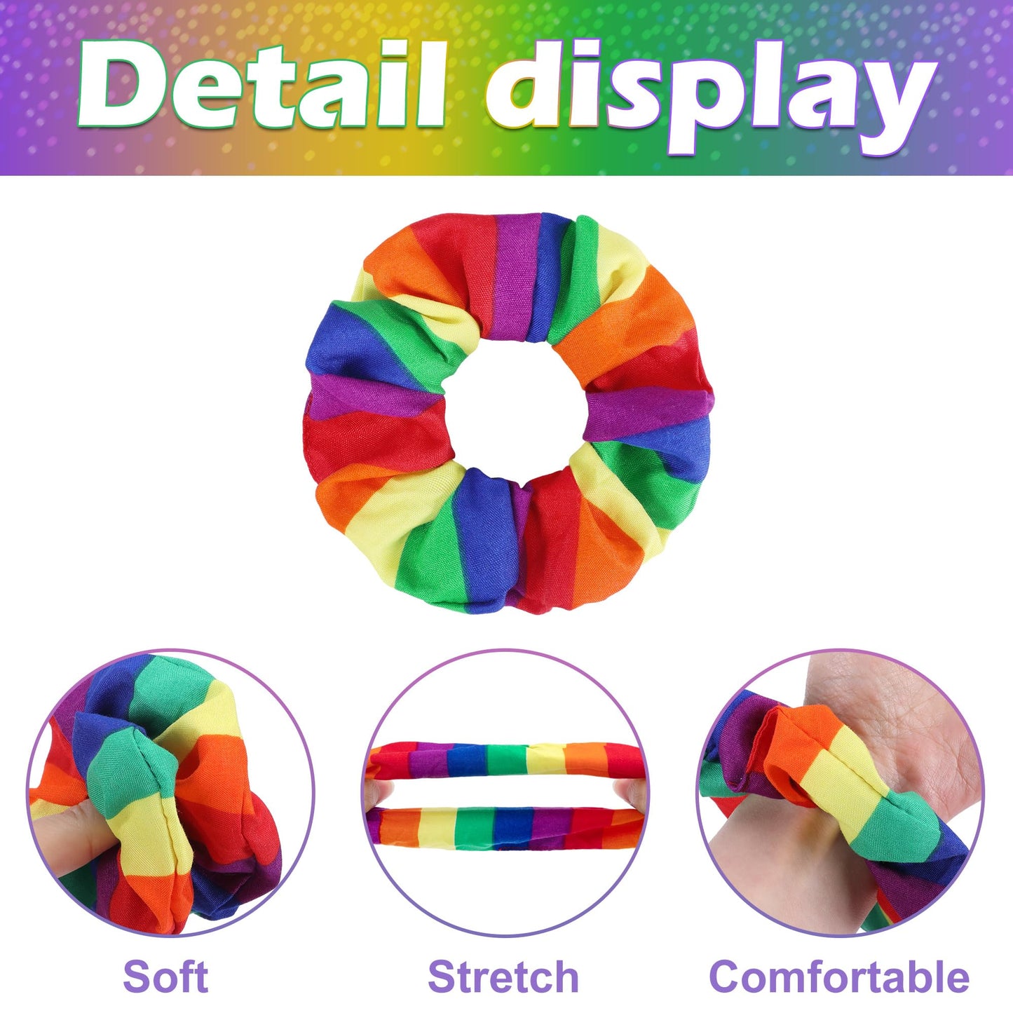 8 Pcs Pride Rainbow Hair Scrunchies- LGBT Rainbow Hair Ring Hair Ties- Elastic Striped Rainbow Ponytail Holder for Women Girls Hair Accessories