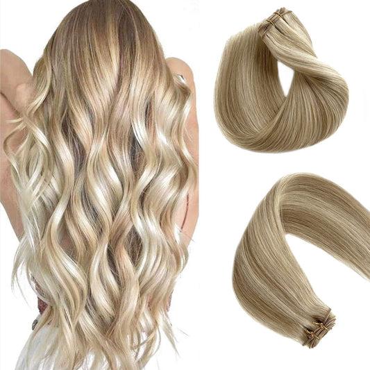 Weft Hair Extensions Human Hair Beige Blonde Mix Platinum Blonde Highlights Sew in Hair Extensions Real Human Hair Hand Tied Weft Hair Extensions 12inch 80g