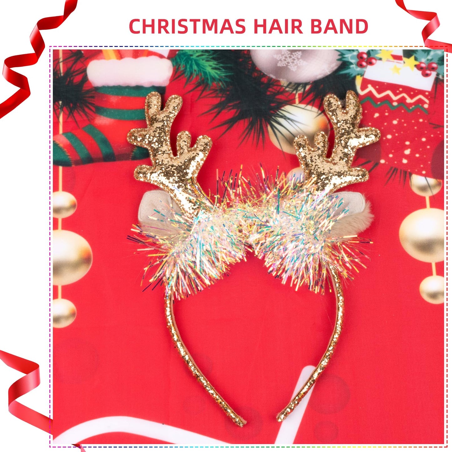 TULOBI Gold Christmas Headbands Cute Xmas Hair Bands Glitter Elk Antlers Christmas Headband Holiday Headbands Party Gift Christmas Costume Party Accessories for Women and Girls