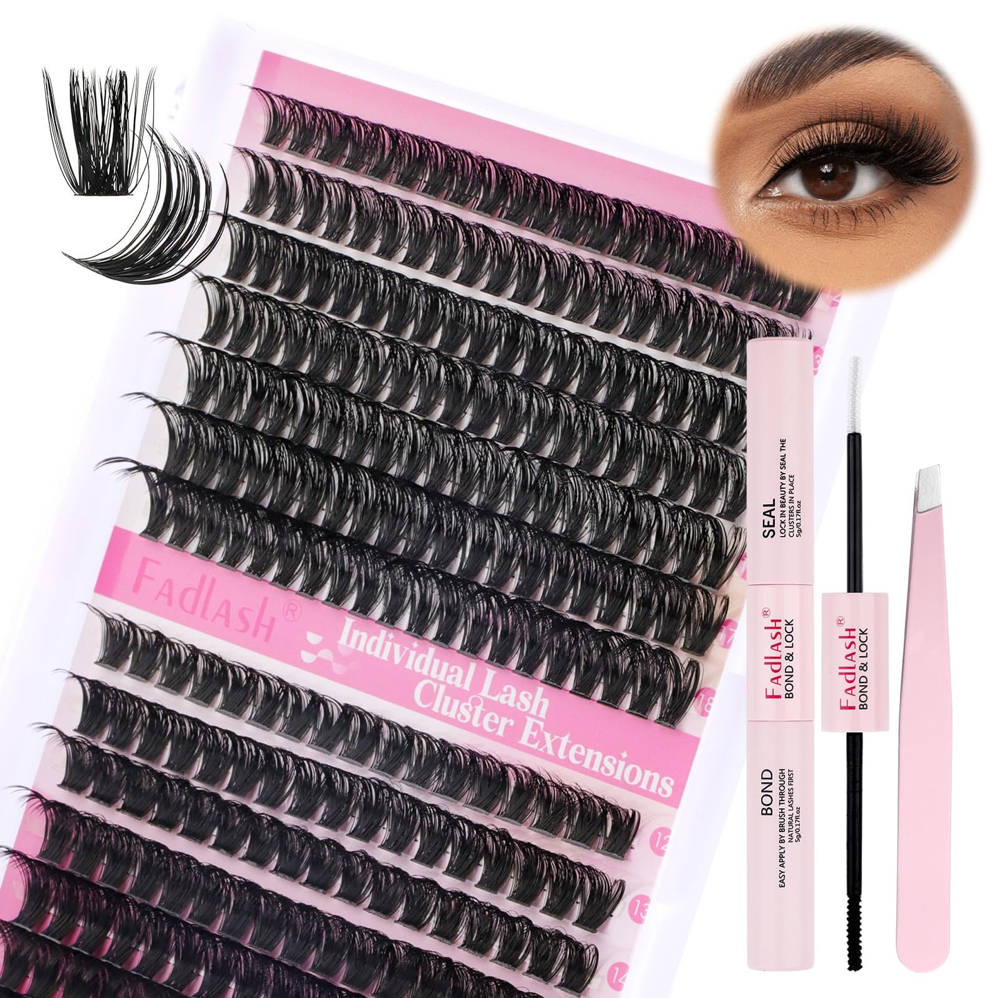 FADLASH Lash Extension DIY Kit Volume Fluffy Lash Clusters D Curl Cluster Lashes with Lash Bond and Seal Lash Tweezers for DIY Eyelash Extension at Home for Self Use（Kit 60D+80D-0.07D-12-18MIX）