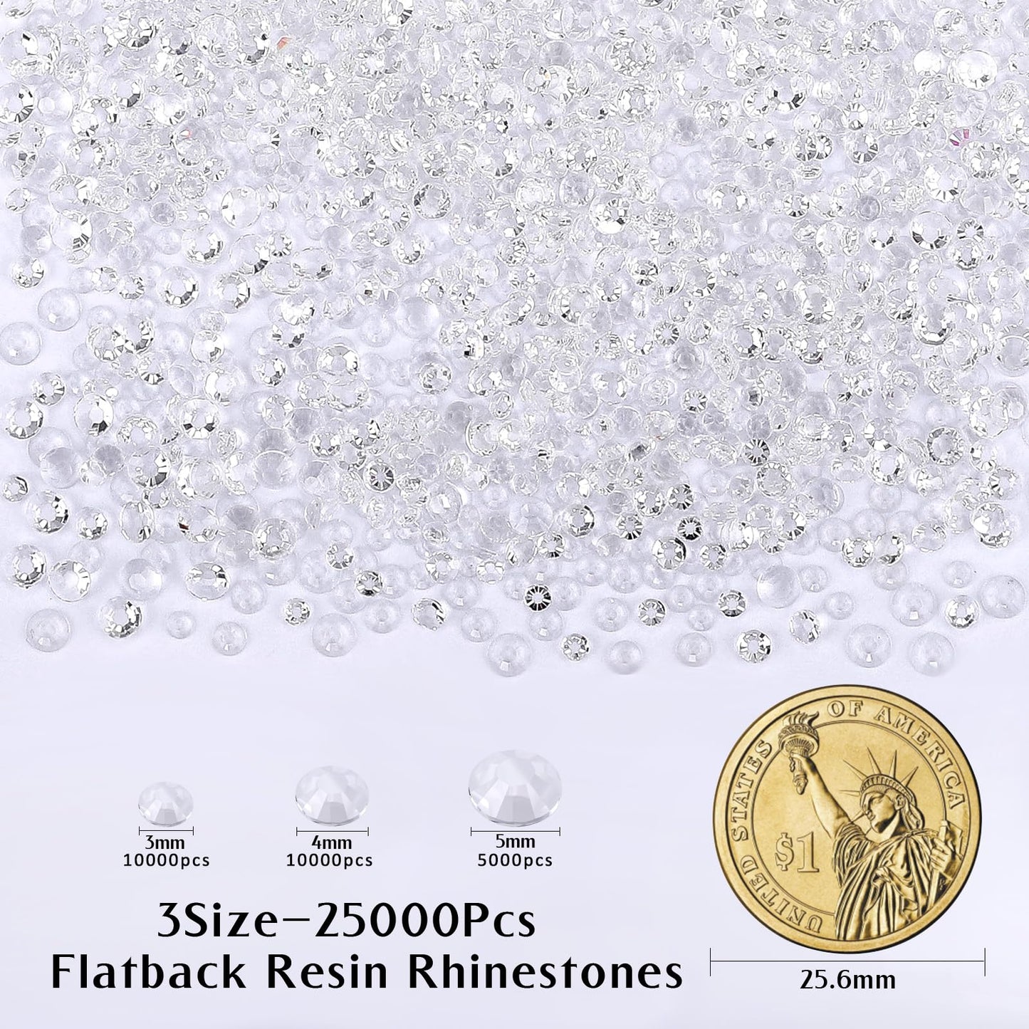 Duflash 25000 Pcs Transparent Resin Flatback Rhinestone, 3 mm 4 mm 5 mm Resin Non Hotfix Rhinestones for Crafts DIY Design, Tumblers, Clothes, Makeup, Nail Art