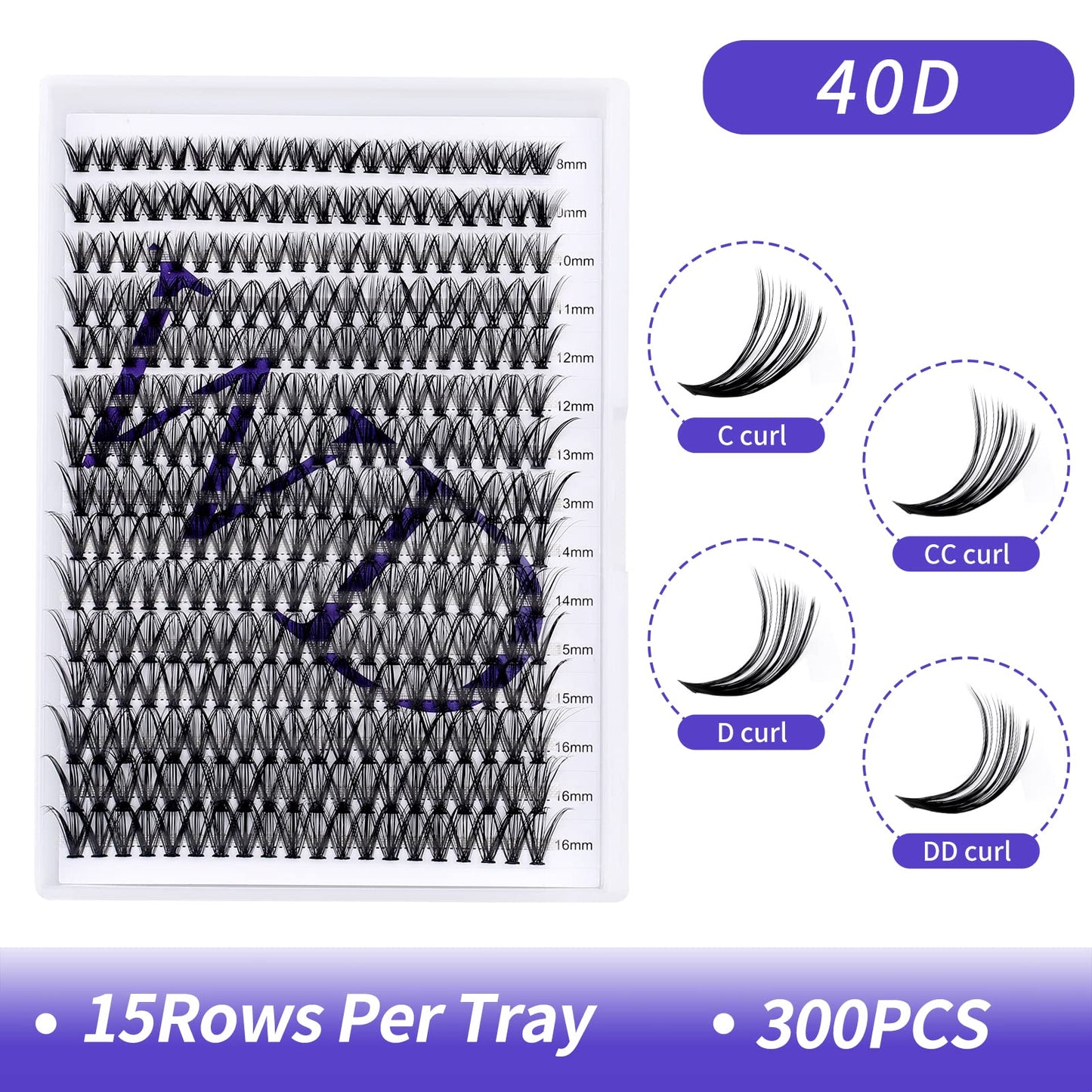 Individual Lashes DIY Eyelash Extension 300PCS Lash Clusters Extensions C/D Curl Comfortable Super Soft Lash Clusters Reusable Wispy Eyelashes Extensions Clusters(300PCS-40D-0.07CC,8-16mm Mixed Tray)