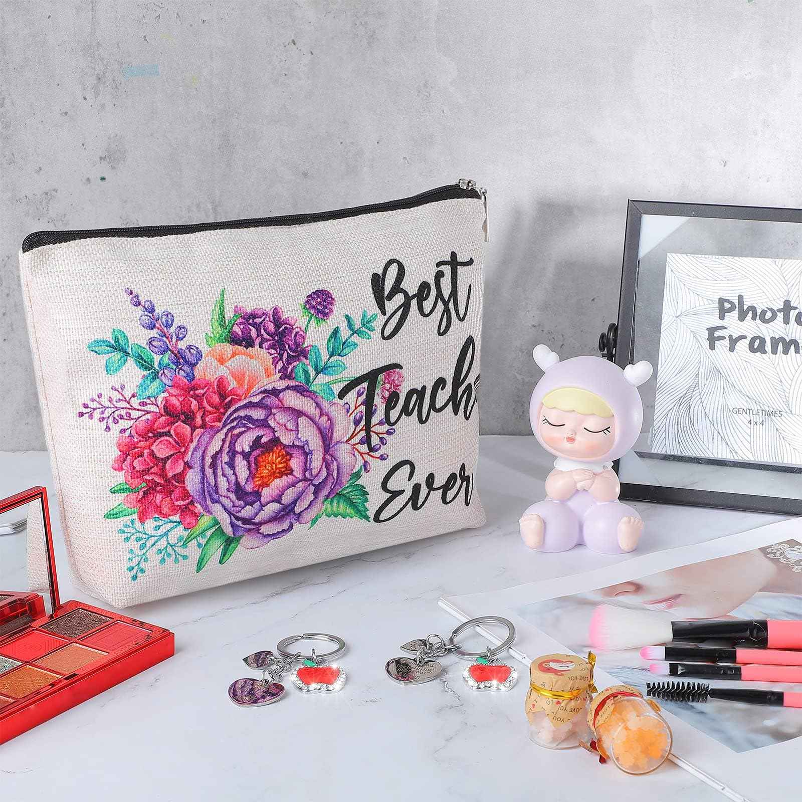 Frienda 6 Pack Christmas Teacher Appreciation Gifts for Women Bulk Xmas Teacher Gifts 3 Pcs Zipper Cosmetic Bags Canvas Makeup Pouch 3 Pcs Thank You Keychains Xmas Birthday Present(Flower Style)