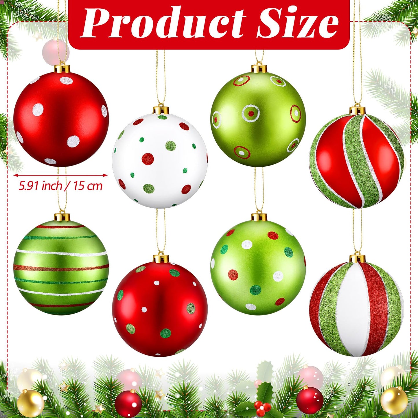 Roundfunny 8 Pcs Christmas Tree Ornaments 6 Inch, Large Glitter Christmas Hanging Balls Red White and Green Shatterproof Plastic Decorative Baubles for Christmas Party Decoration(Lime Green)