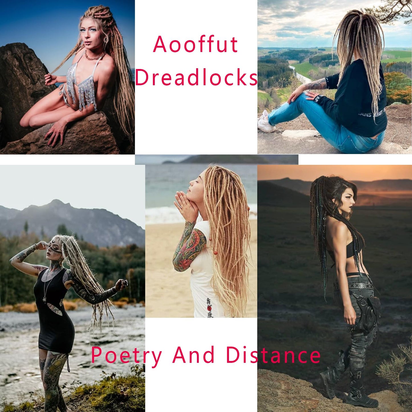 Aooffut Dreadlock Extensions, Thin 0.6cm 24" Ombre Pink 100% Handmade Synthetic Crochet Dreads Extensions Single Ended Dreads Width Reggae Style Dreadlock for Girls