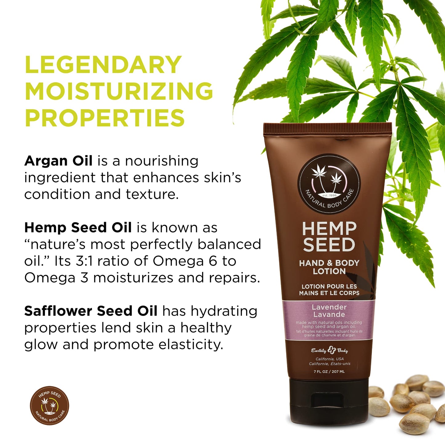 Hemp Seed Hand & Body Lotion, Lavender Scent - 7 oz. - Soothe Dry Skin - Argan Oil, Hemp Seed Oil - Light, Non-Greasy Formula - Vegan & Cruelty Free