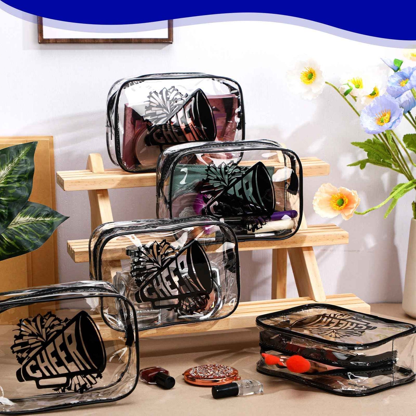 Kacctyen 24 Pcs Black Cheer Makeup Bag Cheer Gifts Bulk for Team 7 x 4.7 x 2.4'' Cosmetic Bag Cheerleader PVC Makeup Case Clear Toiletry Zipper Pouch for Cheerleading Teammates Party Supplies