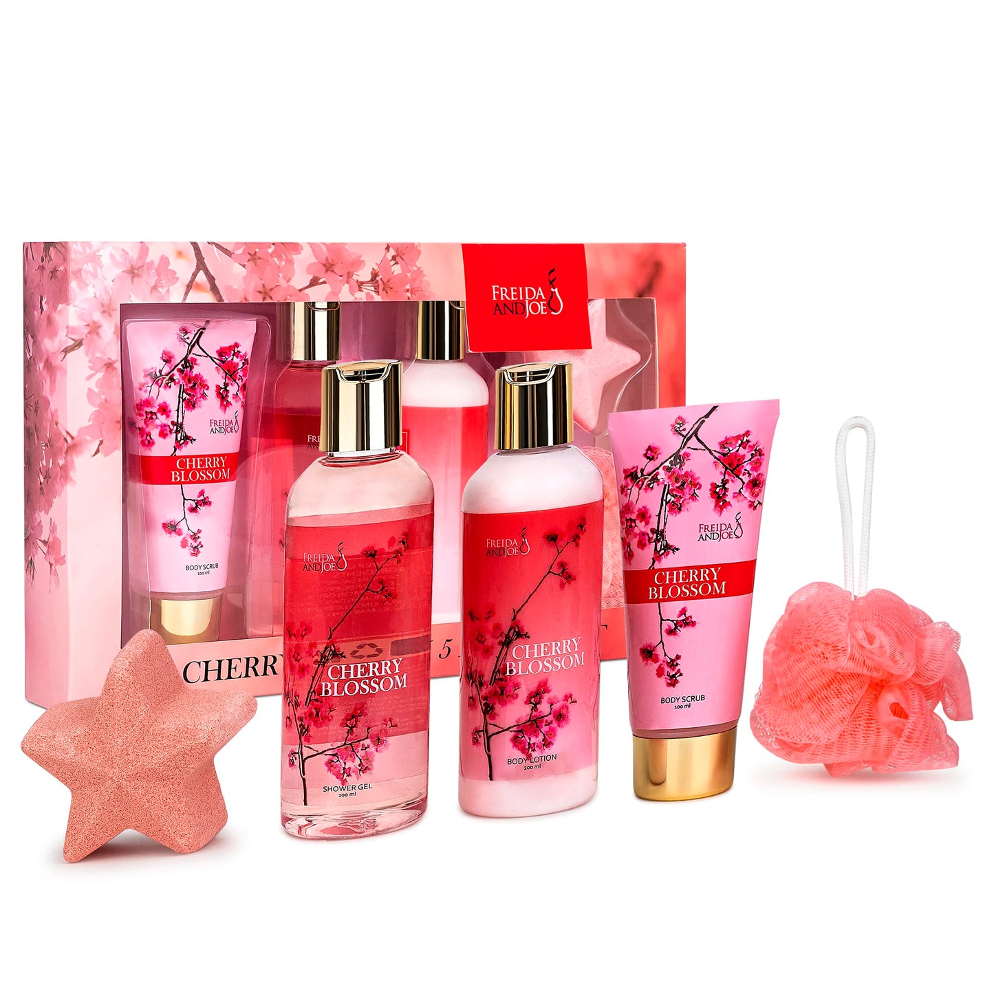 Bath and Body Gift Basket For Women – 5 Piece Set of Cherry Blossom Bath & Body Collection Gift Box, Includes Shower Gel, Body Lotion, Body Scrub, Bath Bomb & Sponge - Appreciation Gift Ideas