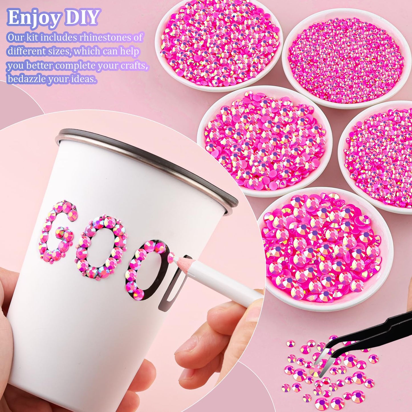 16000Pcs Resin Jelly Rhinestones for Crafting, Hot Pink AB Flatback Gems, Bedazzling Crystal with 3Pcs 10ml B7000 Jewelry Glue for DIY Crafts Clothing Tumblers Shoes Fabric Nail Art