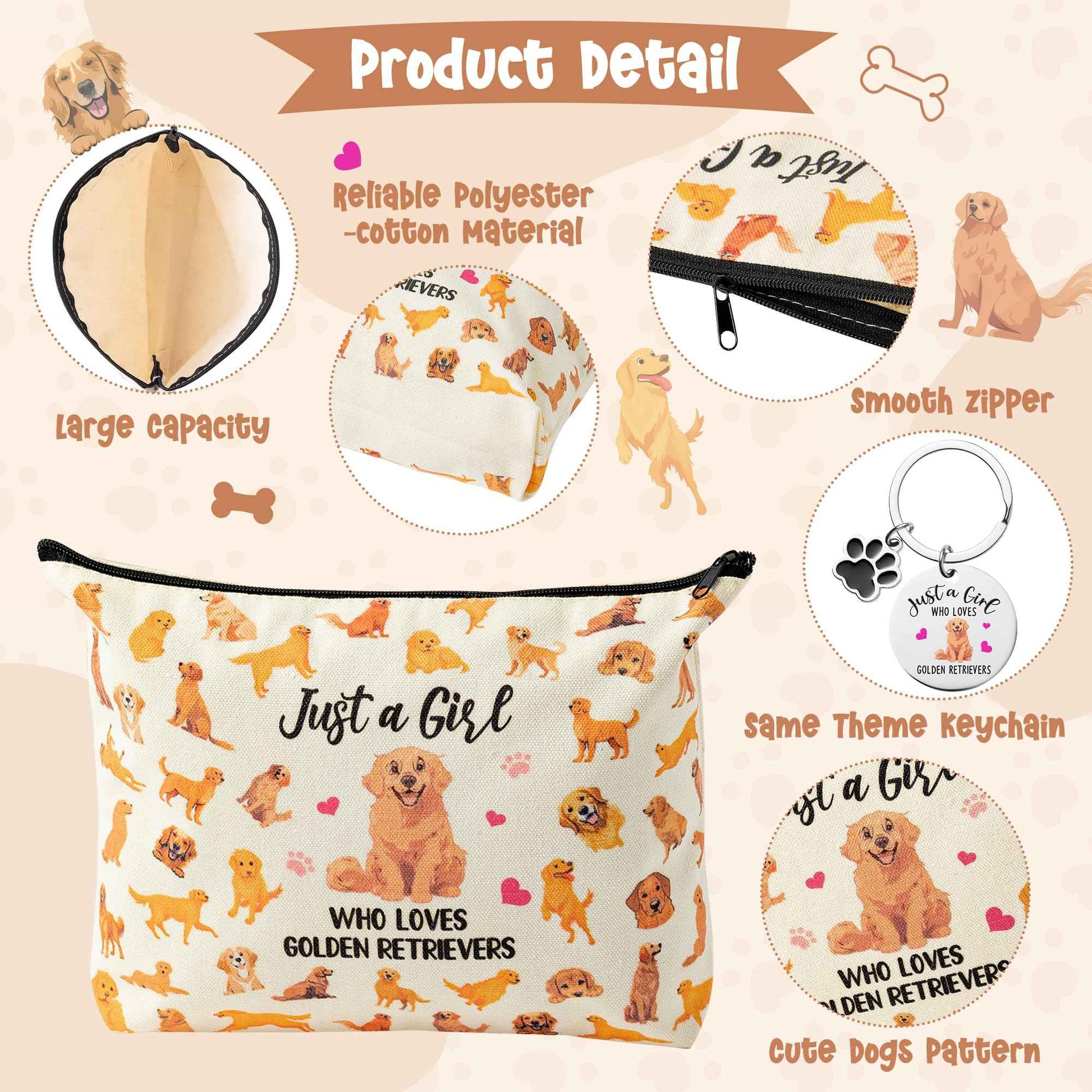 JAPBOR Makeup Bag for Dog Lovers - Golden Retriever Dog Themed Cosmetic Bags and Keychain Gifts Set, Cute Puppy Organizer Makeup Pouch, Animal Travel Zipper Toiletry for Owner Women Girl Traveling