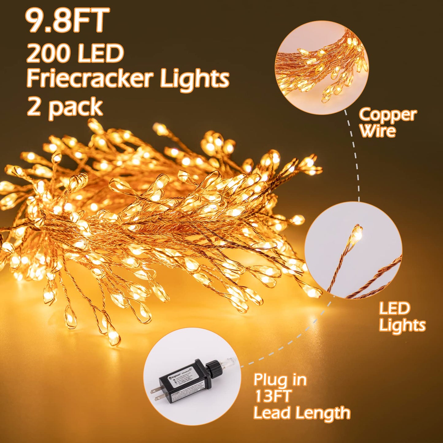 2Pcs Fairy Lights Plug in, 10Ft 200LED Copper Wire Firecracker Firefly Lights Waterproof Cluster String Lights for Ceiling Bedroom Wreath Window Wedding Christmas Tree Decor, Warm White (No Remote)