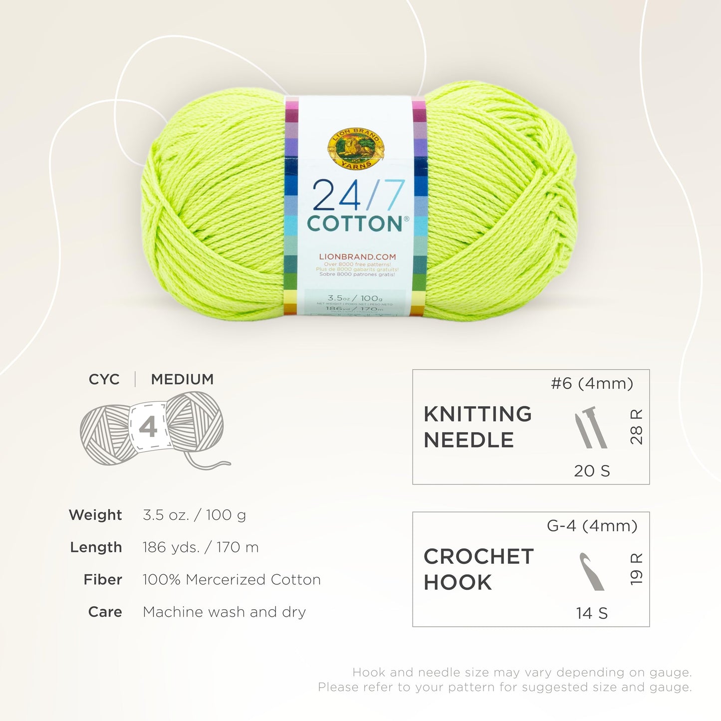 Lion Brand 24/7 Cotton Yarn, Lightweight Yarn for Knitting, Crocheting, and Crafts, Lime, 1 Pack