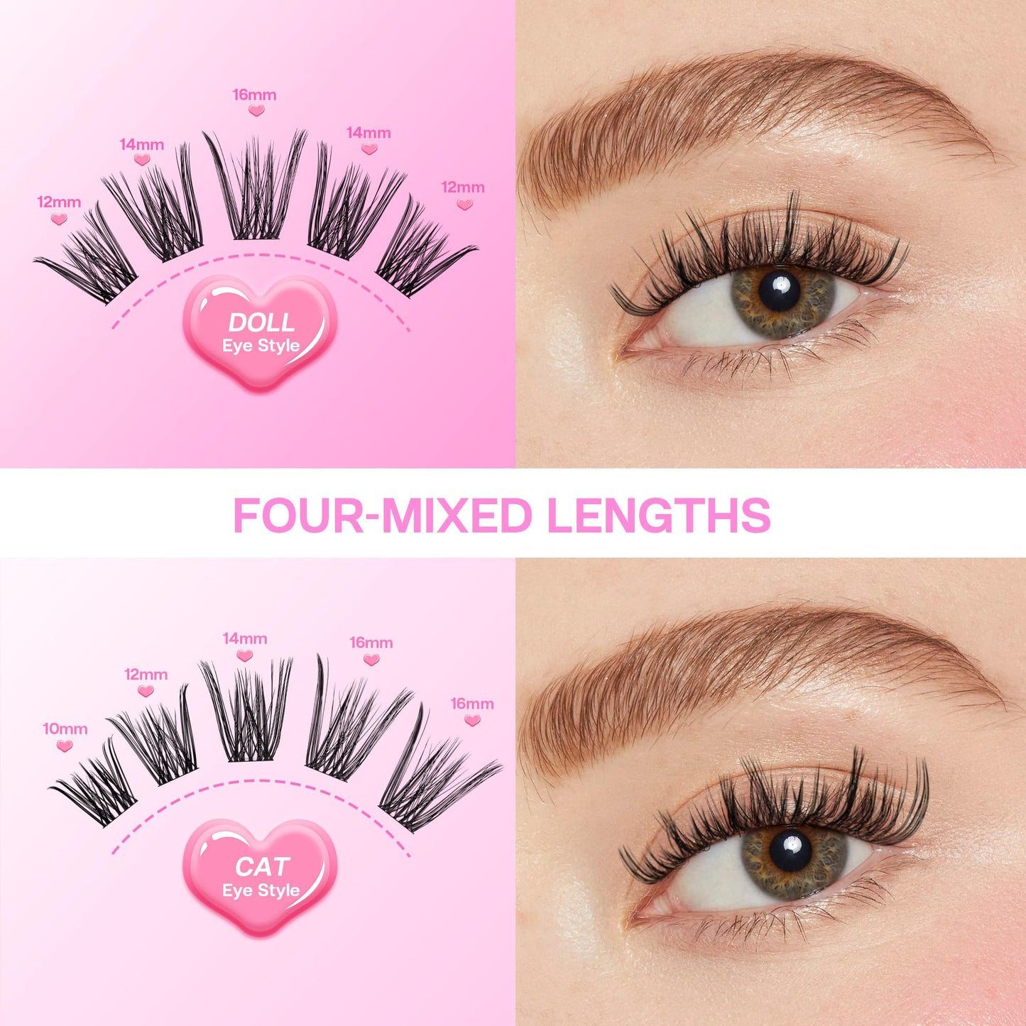 CALAILIS Cluster Lashes, 144Pcs D Curl Lash Clusters DIY Lash Extensions Mega Volume Eyelash Clusters Reusable Wispy Individual Lashes Super Thin Band and Soft (DD506, D-10-16MIX)