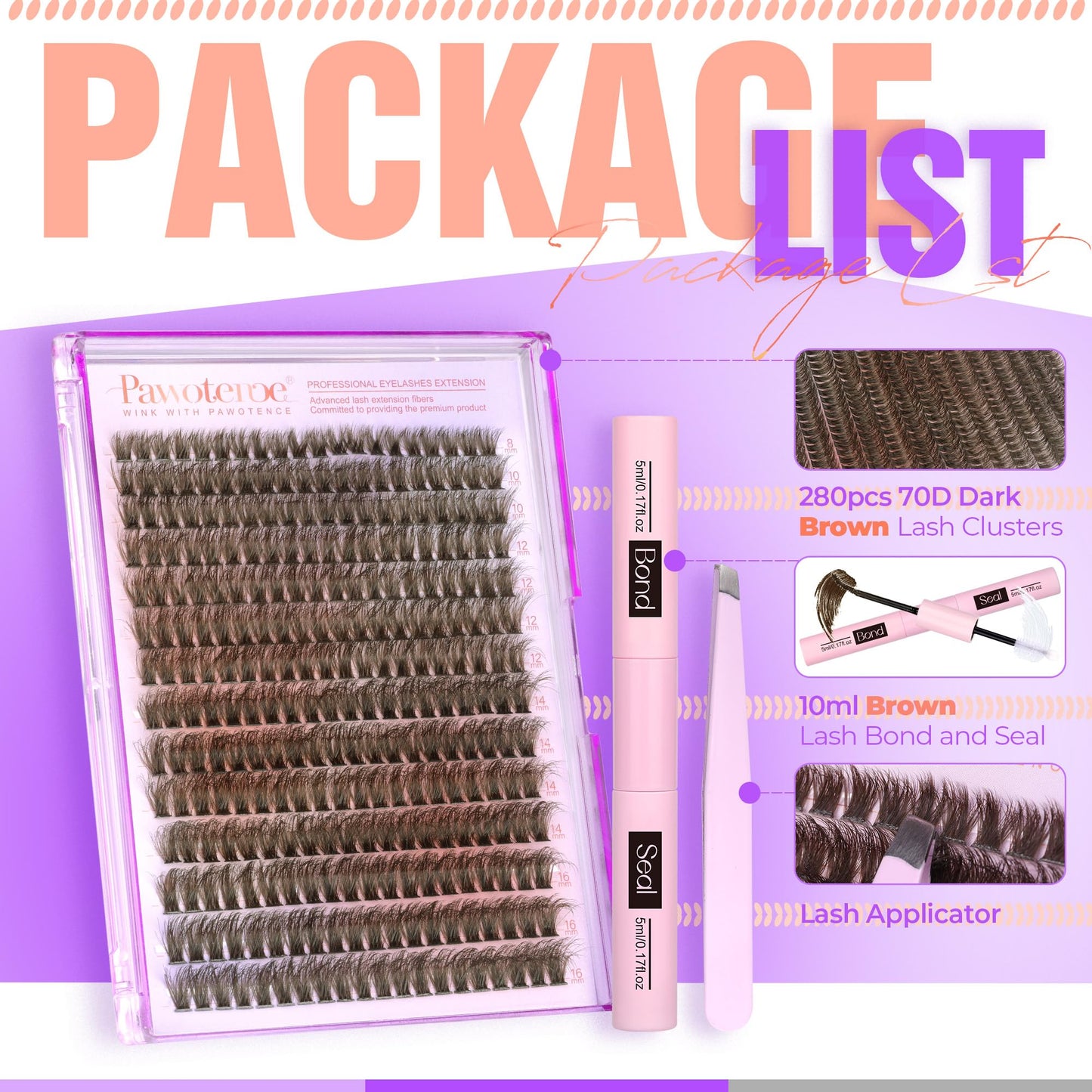 Pawotence Brown Fluffy Lash Clusters Kit 70D Curl Lash Extension Kit Brown 8-16mm Cluster Eyelash Extensions Kit 280pcs Individual Lashes Kit Eyelash Clusters with Lash Bond and Seal for Self Use