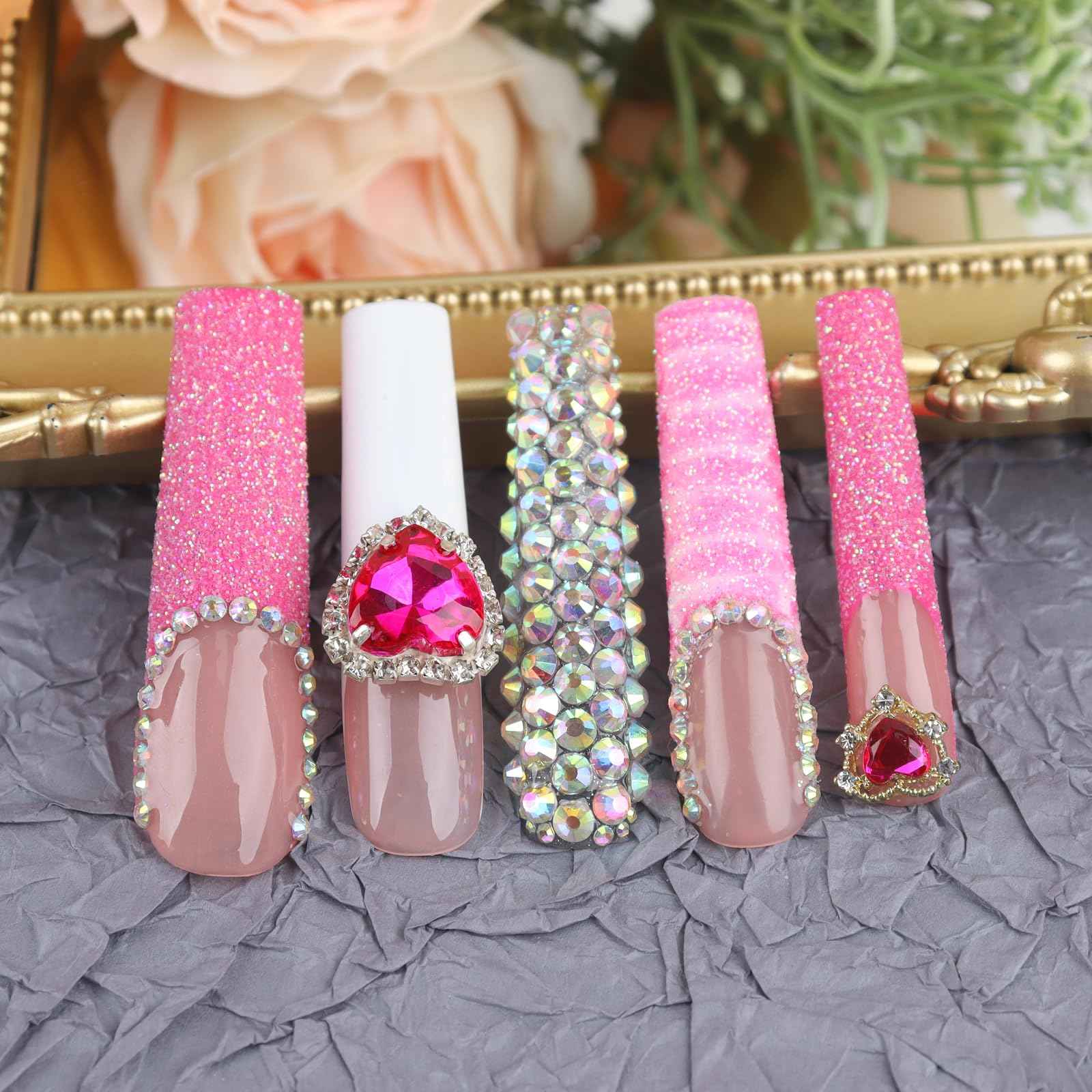 Handmade Long Acrylic Nail Tips, Pink Press on Nails with Full Covered Crystals, Fake Luxury Diamond Nails, Long Square False Nails, Gifts for Women, Reusable Stick On Nails 10Pcs,Hot pink Size M