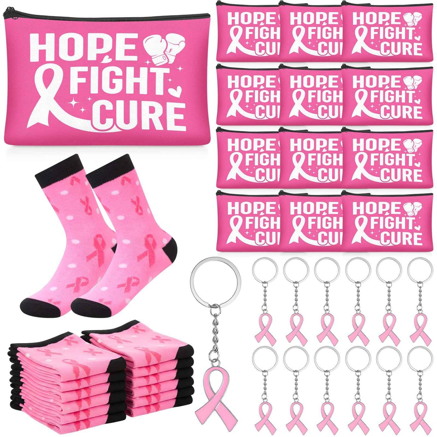 Chicingyou 36 Pcs Breast Cancer Care Gifts Set Bulk Pink Ribbon Keychain Women Socks Makeup Bag Chemo Gifts Breast Cancer Awareness Accessories for Friends Family