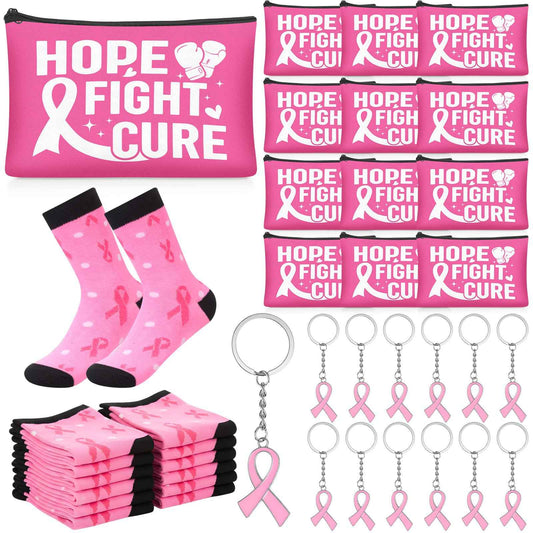 Chicingyou 36 Pcs Breast Cancer Care Gifts Set Bulk Pink Ribbon Keychain Women Socks Makeup Bag Chemo Gifts Breast Cancer Awareness Accessories for Friends Family