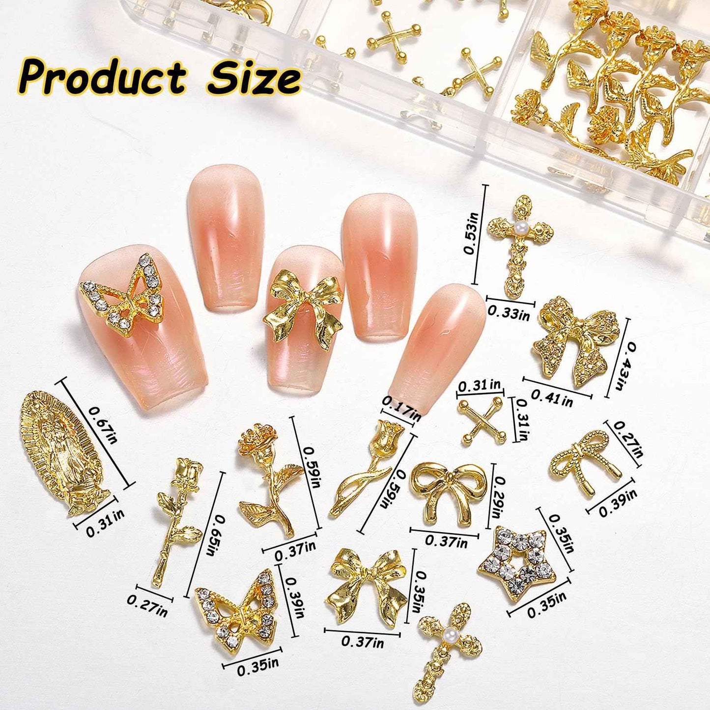ZUMILLMN 96PCS 3D Nail Charms - Gold Alloy Bow, Rose,Butterfly,Cross,Star,Virgin Mary & Coin Charms, Shiny Nail Rhinestones for Nail Art, Manicure, DIY Jewelry Making（96pcs）