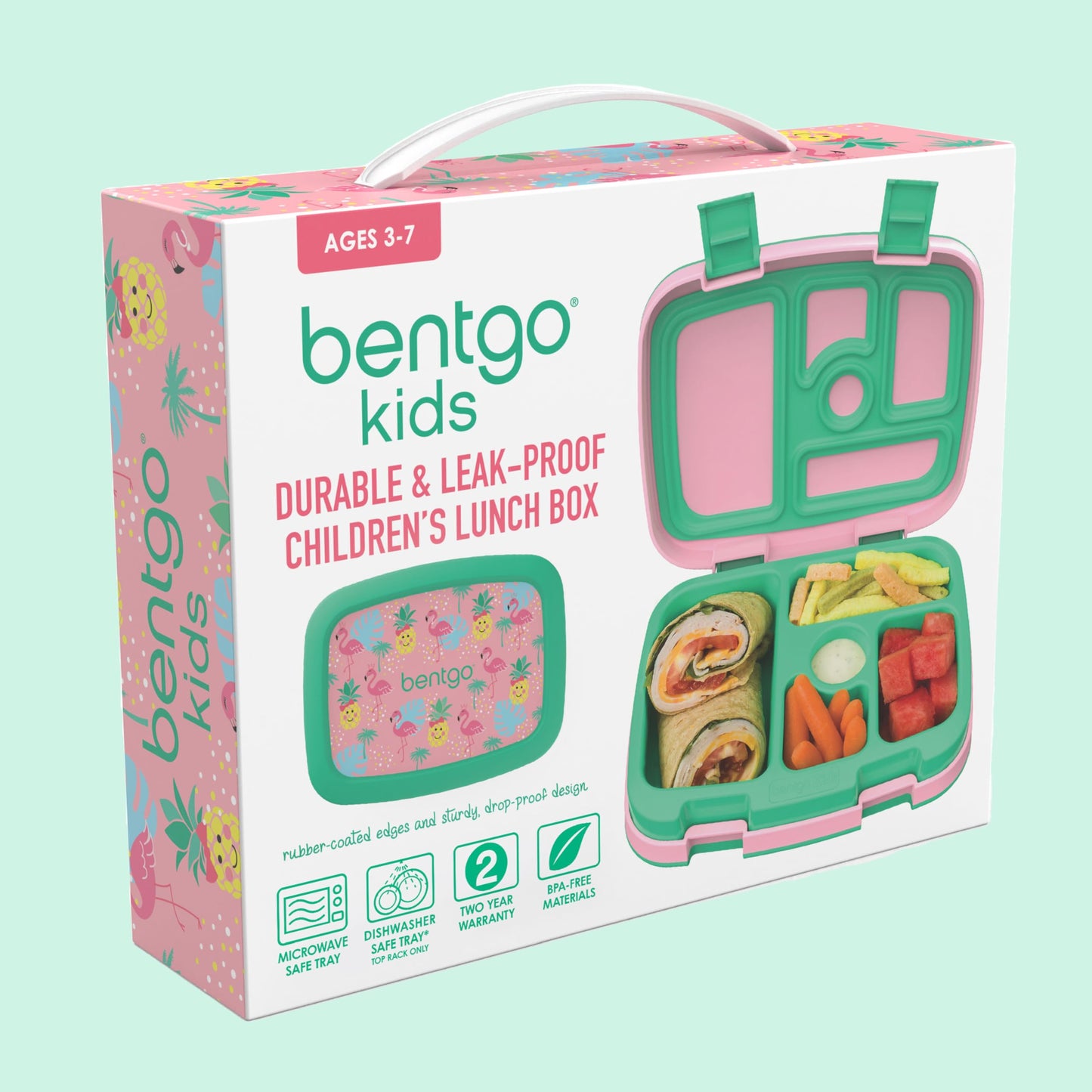 Bentgo Kids Prints Leak-Proof, 5-Compartment Bento-Style Kids Lunch Box - Ideal Portion Sizes for Ages 3-7, Durable, Drop-Proof, Dishwasher Safe, & Made with BPA-Free Materials (Tropical)