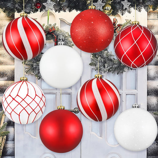 Wettarn Set of 8 Large Christmas Ball Ornaments 6 Inch Glitter Hanging Christmas Plastic Balls Indoor and Outdoor Hanging Christmas Tree Decorations for Lawn Yard Garden Party(Red and White)