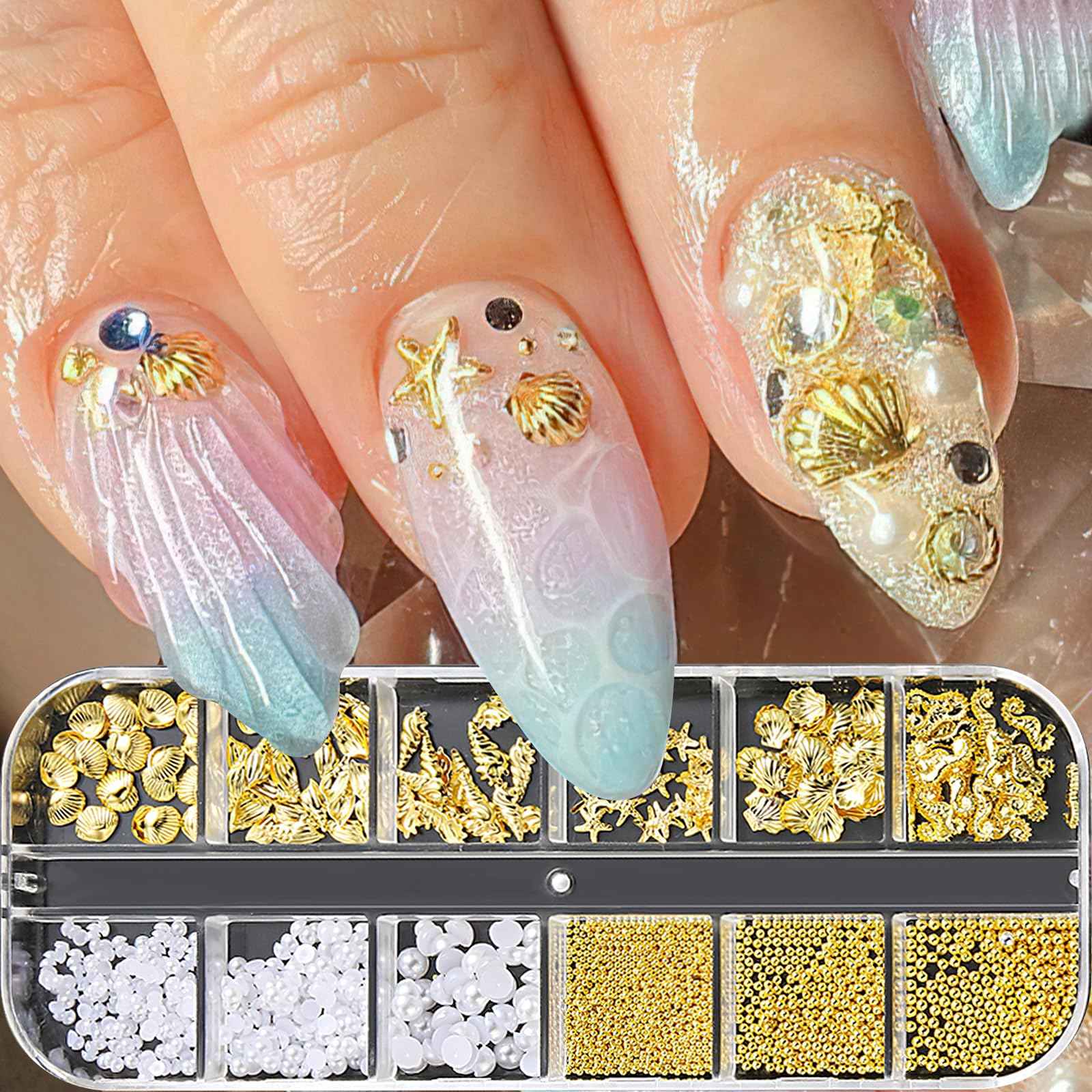 ROFIBUT Summer Nail Charms 3D Steel Studs Metal Art Charms Pearls Seashell Starfish Gold Rhinestones Ocean Theme Designs Nail Supplies for Women Girls Manicure 12 Grids