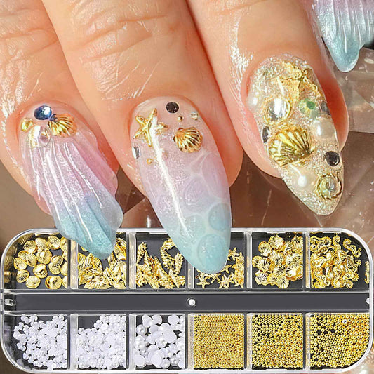 ROFIBUT Summer Nail Charms 3D Steel Studs Metal Art Charms Pearls Seashell Starfish Gold Rhinestones Ocean Theme Designs Nail Supplies for Women Girls Manicure 12 Grids