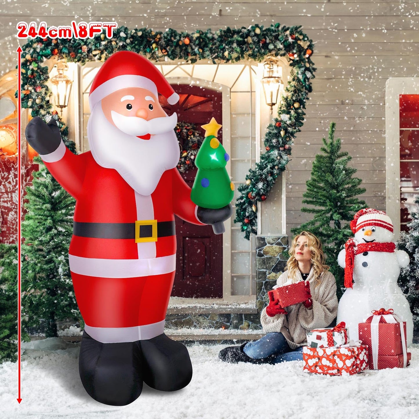 Dawdix 8FT Christmas Inflatable Santa Outdoor Decoration, Blow up Santa Claus Holding Xmas Tree Yard Decoration Built-in LED Lights, Large Inflatable Santa Decor for Xmas Holiday Garden Lawn Patio