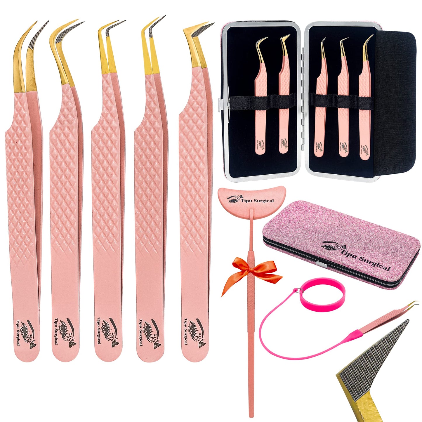 •TIPU Lash Tweezers For Eyelash Extensions pack of 5 with Fiber Tip Tweezers for Lash Extensions-Japanese Stainless Steel - Ideal for Volume & Classic Lashes with Wristband and lash Mirror(Pink Gold)